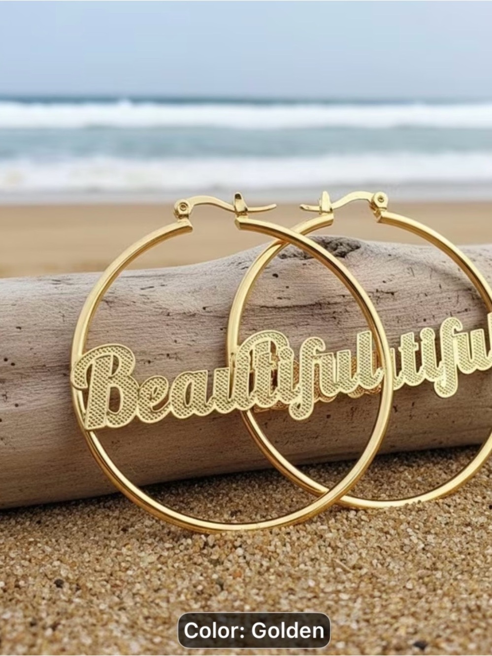 Golden "Beautiful" Hoop Earrings - Women Jewelry